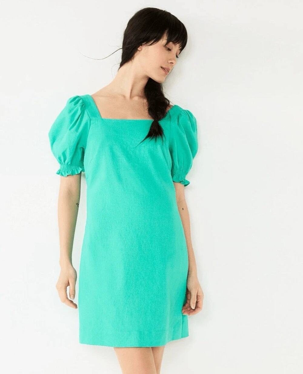 Draper James RSVP Dress Squareneck Puff Sleeve Linen Blend S Teal Green